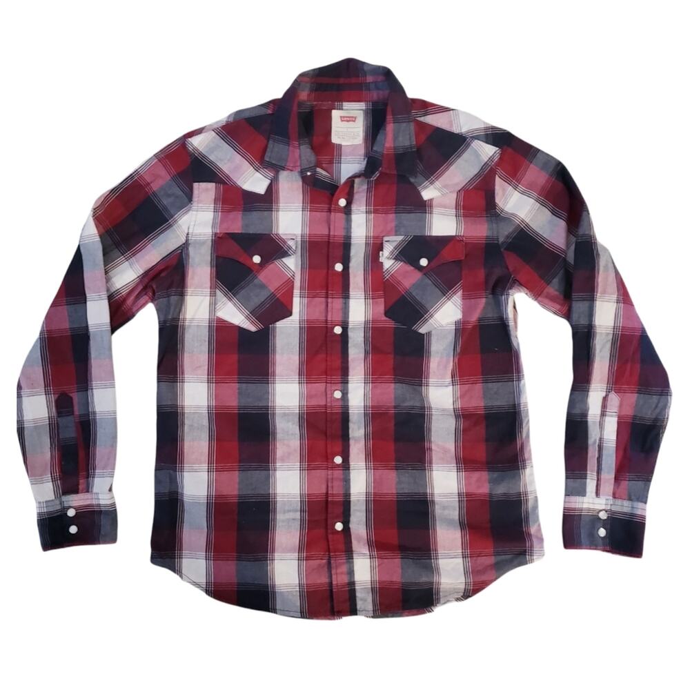 Levi's Plaid Long Sleeve Button Down Shirt Large Pearl Buttons Western Country‎